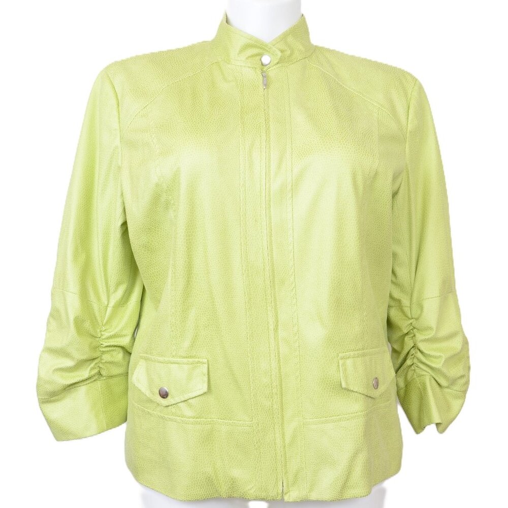 Chico's 3 XL Lime Green Pebbled Ruched Sleeve Moto Jacket Resortwear Vacation